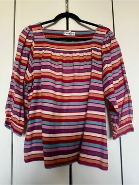 Vintage 70s FRANCK OLIVIER Paris Stripe Square-Neck Puff 3/4 Sleeve Top Boho S/M